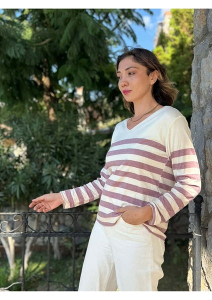 NC20251 Italyan Yatay Çizgili V Yaka Triko Bluz Vişne