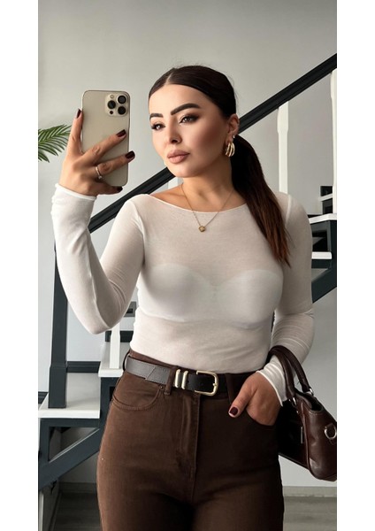Beyaz Modal Kayık Yaka Transparan Bluz