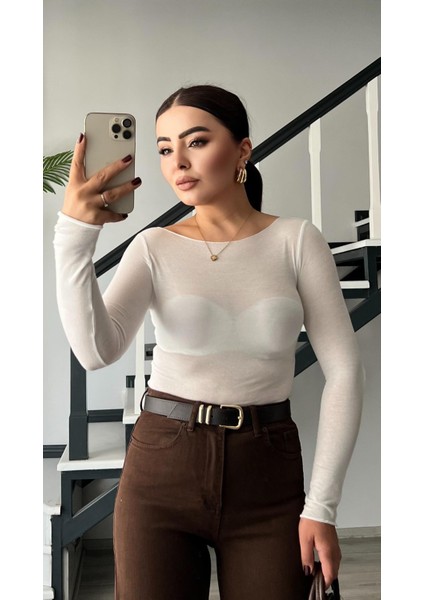 Beyaz Modal Kayık Yaka Transparan Bluz modelleri