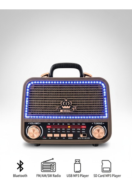 Yeni Model Ledli Nostaljik Ahşap Görünümlü Bluetoothlu Radyo Sd Kart ve USB Özellikli Mp3 Çalar