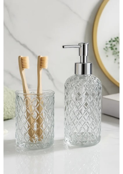 Lara Cam Sıvı Sabunluk ve Diş Fırçalık - 2\'li Banyo Seti