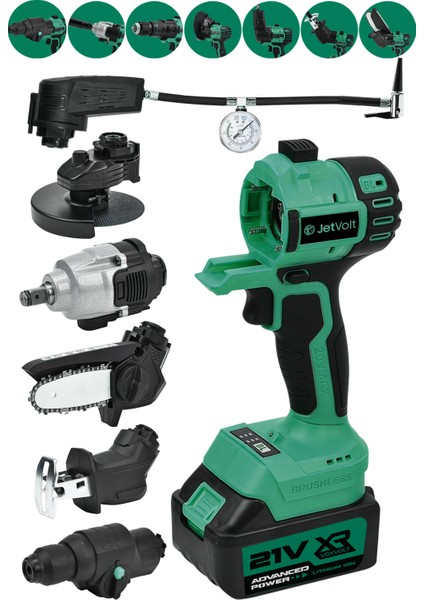 7 Başlıklı Set Taşlama Somun Sıkma Tilki Kuyruğu Dal Budama Akülü Vidalama Hava Pompası Hilti - Yeşil