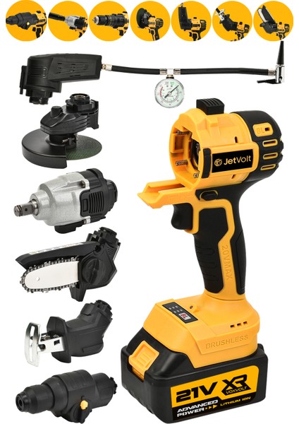7 Başlıklı Set Taşlama Somun Sıkma Tilki Kuyruğu Dal Budama Akülü Vidalama Hava Pompası Hilti - Sarı