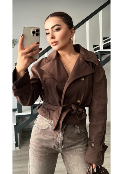 Kahve Gabardin Kuşaklı Trençkot