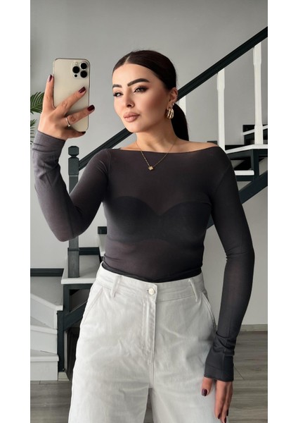 Antrasit Modal Kayık Yaka Transparan Bluz modelleri