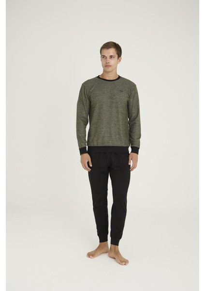 Erkek Yeşil Renk Uzun Kollu Bisiklet Yaka Lastikli Paça Pijama Takımı C4T6N08