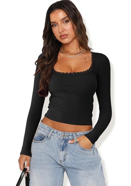 Kadın Siyah Kare Yaka Dantelli Uzun Kollu Crop Top Bluz
