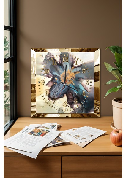 Gold Çerçeveli Mavi Ahenk Temalı Dekoratif Mdf Duvar Saati