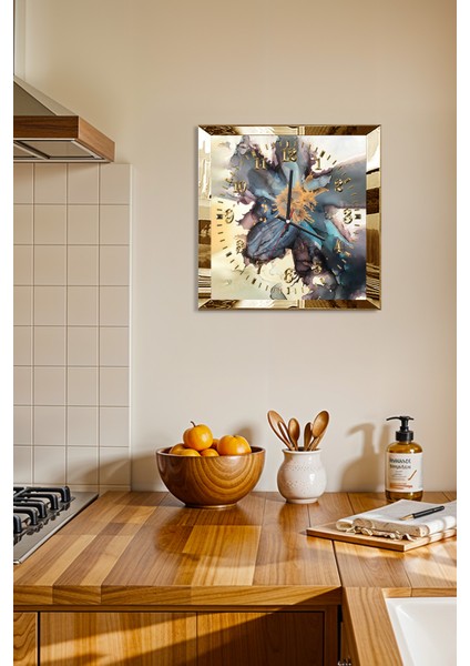 Gold Çerçeveli Mavi Ahenk Temalı Dekoratif Mdf Duvar Saati fiyatları