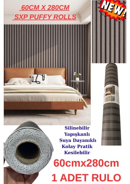 60CM x 280CM 1 Adet Kendinden Yapışkanlı Kömür Gri Lambiri Desenli Duvar Paneli Kağıdı GS8002