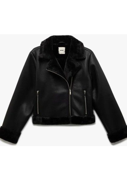 Kadın Uzun Kollu Fermuarlı Suni Kürk Astarlı Kruvaze Suni Deri Biker Crop Ceket 6WAK20091EW modelleri