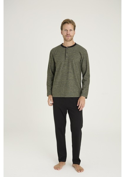 Erkek Yeşil Renk Uzun Kollu Düğmeli Yaka Düz Paça Pijama Takımı C8T6N08