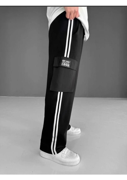 Monsi Iki Iplik Kumaş Kargo Cepli Şeritli Alt Esofman - Siyah