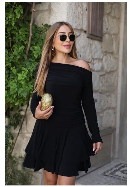 Buketli Kadın Beli Drapeli Eteği Kat Kat Uzun Kollu Sandy Kumaş Mini Elbise modelleri