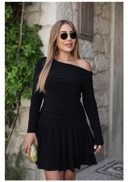 Buketli Kadın Beli Drapeli Eteği Kat Kat Uzun Kollu Sandy Kumaş Mini Elbise indirimleri