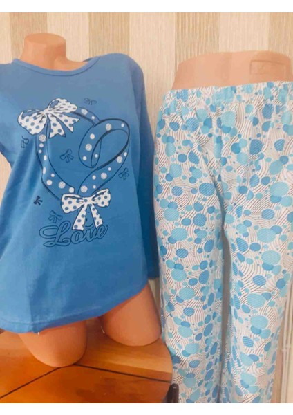 Mavi Uzun Kollu %100 Bawelna Üst ve Yumuşak Dokulu Desenli Alt Rahat Kullanışlı Kadın Pijama Takımı