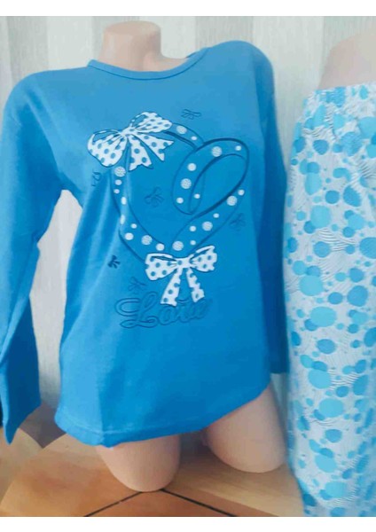 Mavi Uzun Kollu %100 Bawelna Üst ve Yumuşak Dokulu Desenli Alt Rahat Kullanışlı Kadın Pijama Takımı modelleri