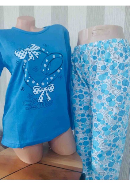 Mavi Uzun Kollu %100 Bawelna Üst ve Yumuşak Dokulu Desenli Alt Rahat Kullanışlı Kadın Pijama Takımı fırsatları