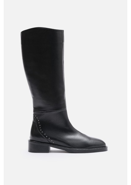 Bestyle Rider Series Uzun Siyah Gerçek Deri Fermuarlı Baldır Lastikli Çizme