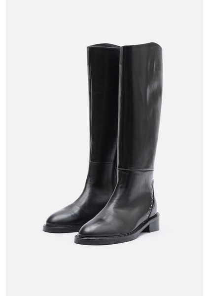 Bestyle Rider Series Uzun Siyah Gerçek Deri Fermuarlı Baldır Lastikli Çizme indirimleri