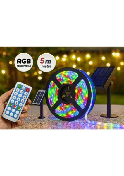 Güneş Enerjili Rgb 5 Metre Şerit LED Kamp ve Bahçe Aydınlatması