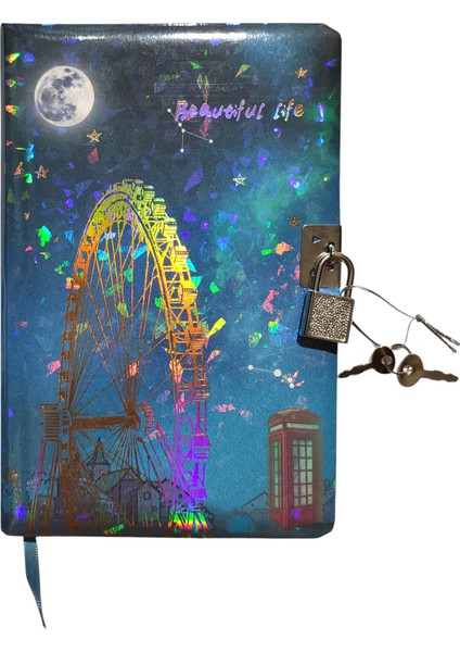 Yıldızlı Gece Hatıra Defteri (Günlük) Kilitli Defter 80 Yaprak - Lunapark
