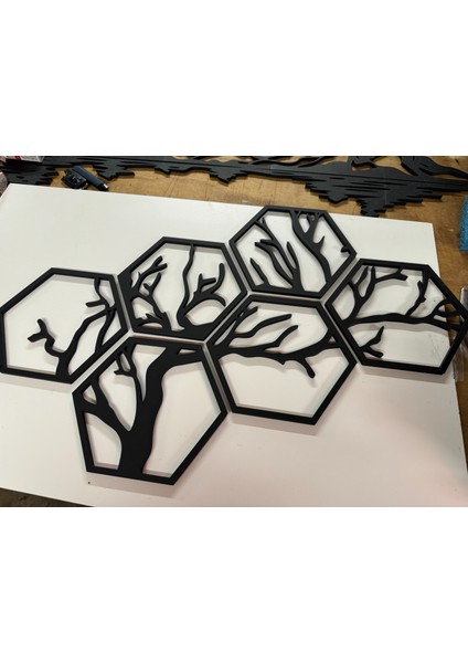 Dekoratif Plastik Duvar Tablosu - Ağaç Desenli 6 Parça Hexagon Tasarım Modern Duvar Dekorasyonu