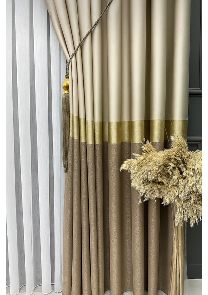 Pano Fon Perde, Elegans Seri, Azra Desen Vizon Gold Krem 1 / 3 Sık Pileli, ( Tek Kanat ) Blackout, modelleri
