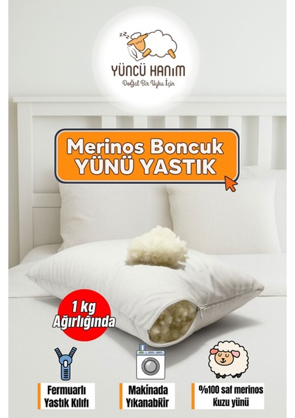 %100 Doğal Merinos Boncuk Kuzu Yünü Dolgulu Yastık 50 x 70 cm Ebat 1000 Gram