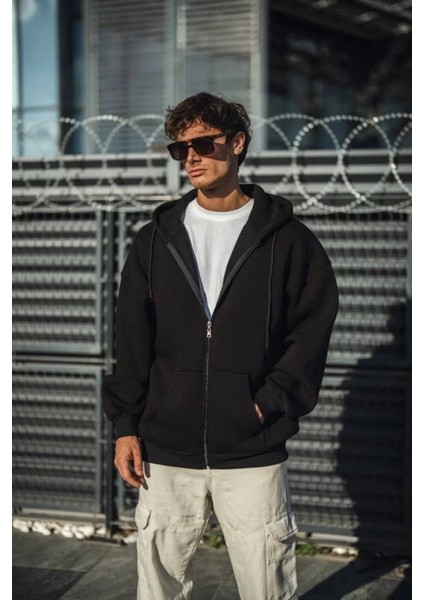 Oversize Tam Fermuarlı Uzun Kol Hırka Siyah-Haki Rahatlıkve Konfor Sunar