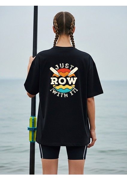 Siyah Oversize Unisex Rower Baskılı Pamuklu T-Shirt