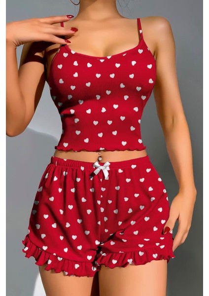 Pamuklu Kırmızı Üstüne Beyaz Kalp Desen Fitilli Askılı Şortlu Pijama Takımı