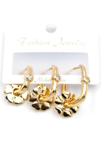 3'lü Çiçek Küpe - Altın