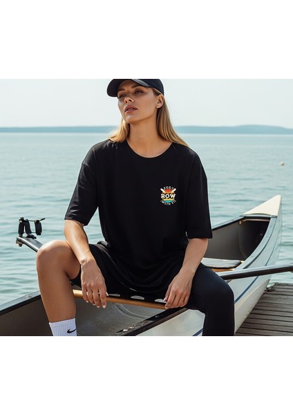 Siyah Oversize Unisex Rower Baskılı Pamuklu T-Shirt