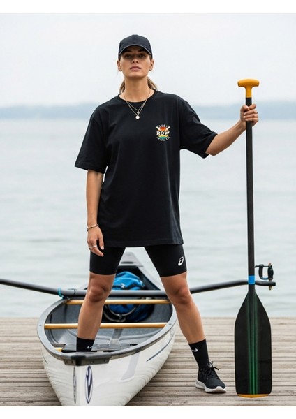 Siyah Oversize Unisex Rower Baskılı Pamuklu T-Shirt fiyatları