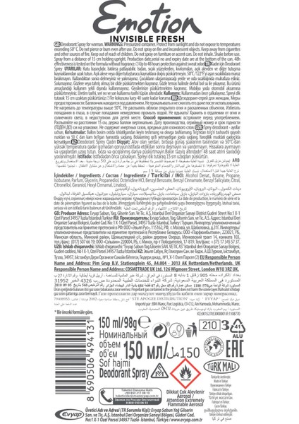 3 Adet Emotion Invisible Fresh Black & White Kadın Deodorant 150ML Vegan, Leke Bırakmaz