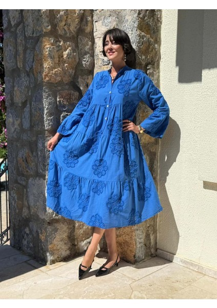 PT54830 Önden Düğmeli Brodeli Hakim Yaka Coton Italyan Elbise Saks fiyatları