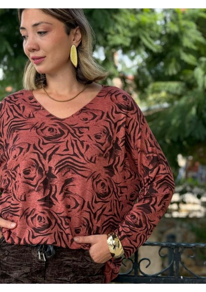 NC1128 Italyan V Yaka Gül Desenli Triko Bluz Kiremit fiyatları