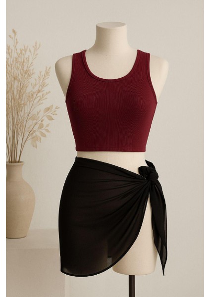 Kadın Bordo Yuvarlak Yaka Crop ve Siyah Pareo 2'li Set