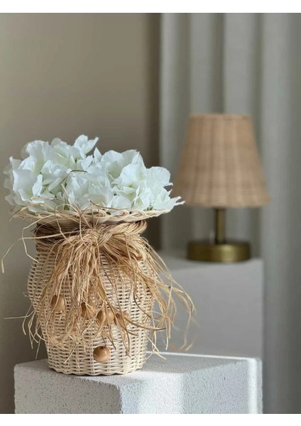 2'li Rattan El Yapımı Vazo & Yapay Ortanca Çiçeği Set