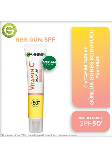 C Vitamini Parlak Güneş Koruyucu Yüz Kremi SPF50+ – Işıltılı Günlük Fluid Doku, 40 ml