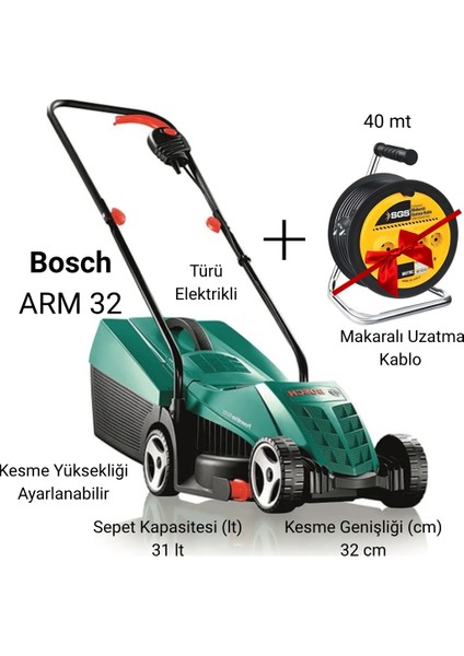 Arm 32 1200 W Elektrikli Çim Biçme Makinesi+40 Metre Makaralı Uzatma Kablo ile Beraber