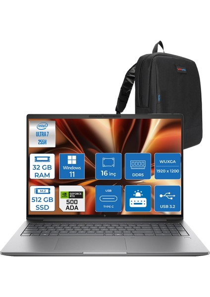 Zbook Power Zx 16 G1I Intel Ultra 7 255H 32GB Ddr5 512GB SSD 6GB/RTXPRO500 16" Wuxga IPS Windows 11 Pro Taşınabilir Bilgisayar B30HMESP09 + Zettaçanta