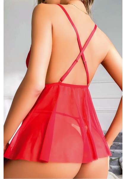 Kadın Kırmızı Tül ve Dantel Detaylı Gecelik ve Tanga fiyatları