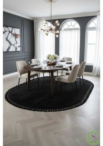 Post/peluş Yıkanabilir Kaymaz Taban Yumşacık Siyah Oval Örgü Saçaklı Modern ve Şık Salon Oturma Odası Mutfak Çocuk Odası Koridor Antre Halısı