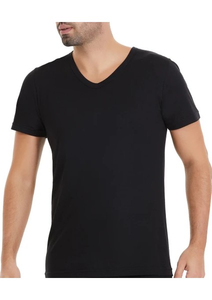 Erkek 6'lı Siyah Modal Süper Ince V Yaka Kısa Kol Atlet