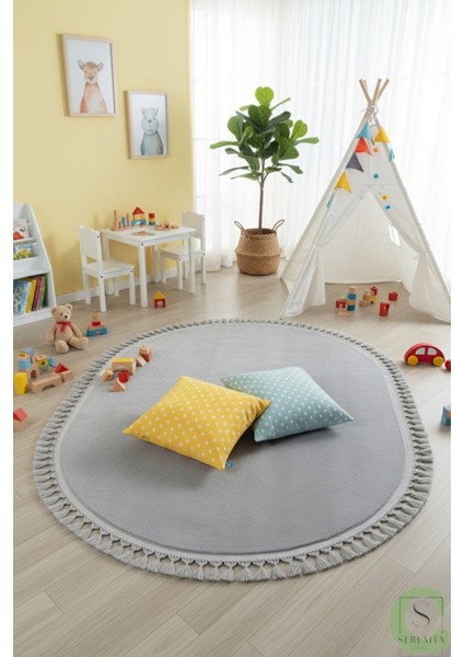 Post/peluş Yıkanabilir Kaymaz Taban Yumşacık Açık Gri Örgü Oval Saçaklı Modern ve Şık Salon Oturma Odası Mutfak Çocuk Odası Koridor Antre Halısı indirimleri