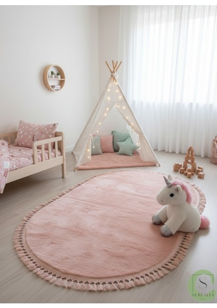 Post/peluş Yıkanabilir Kaymaz Taban Yumşacık Pembe Oval Örgü Saçaklı Modern ve Şık Salon Oturma Odası Mutfak Çocuk Odası Koridor Antre Halısı fiyatları