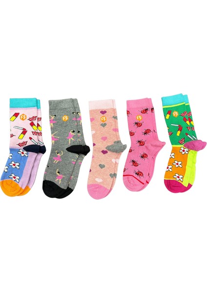 Kız Çocuk Renkli Desenli Günlük Pamuklu Dikişsiz Çorap