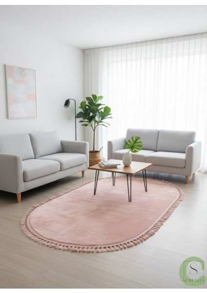 Post/peluş Yıkanabilir Kaymaz Taban Yumşacık Pembe Oval Örgü Saçaklı Modern ve Şık Salon Oturma Odası Mutfak Çocuk Odası Koridor Antre Halısı